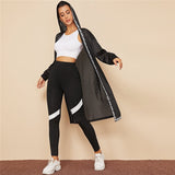 Black Letter Tape Open Placket Fishnet Mesh Hooded Coat for Women