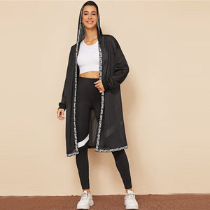 Black Letter Tape Open Placket Fishnet Mesh Hooded Coat for Women