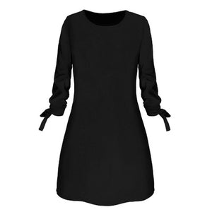 Women Fashion O-neck Solid Bow Elegant Straight Dress