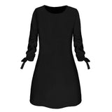 Women Fashion O-neck Solid Bow Elegant Straight Dress