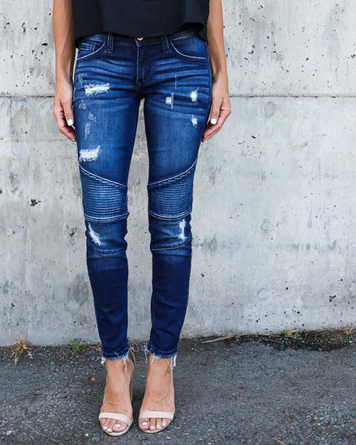 Women Denim Skinny Pants Ripped Destroyed Pleated Stretch Jeans Slim Pencil Trousers