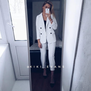 Fashion Pant Suits 2 Piece Set for Women Double Breasted Striped Blazer Jacket & Trouser Office Top Model