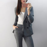 Fashion Pant Suits 2 Piece Set for Women Double Breasted Striped Blazer Jacket & Trouser Office Top Model