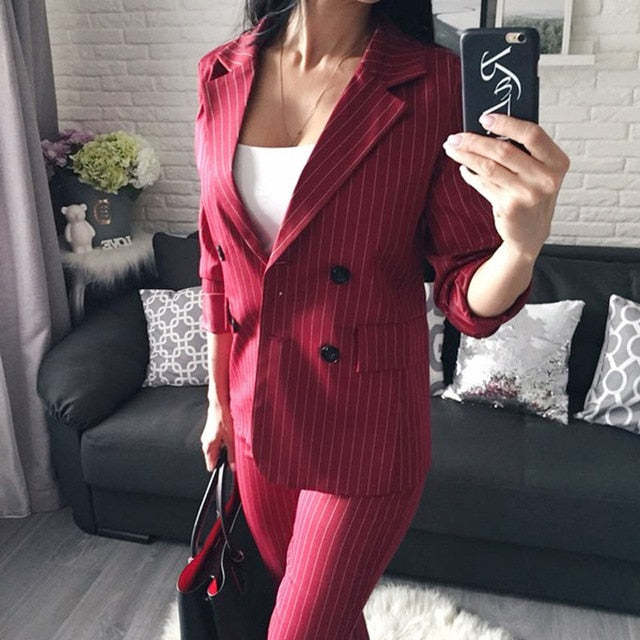 Fashion Pant Suits 2 Piece Set for Women Double Breasted Striped Blazer Jacket & Trouser Office Top Model