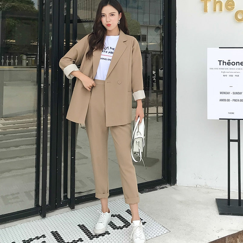 Women Pant Suits Notched Collar Blazer Jacket & Pencil Pant Khaki Female Suit Autumn