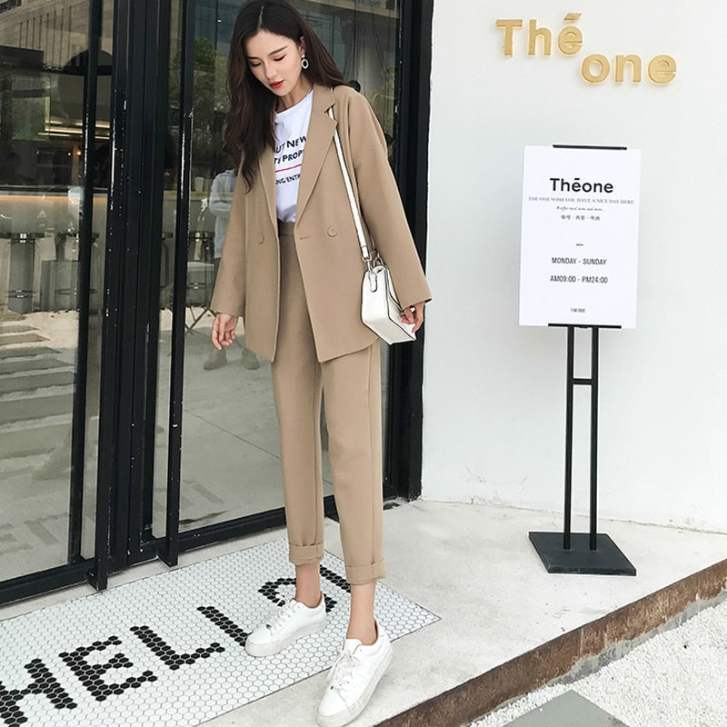 Women Pant Suits Notched Collar Blazer Jacket & Pencil Pant Khaki Female Suit Autumn