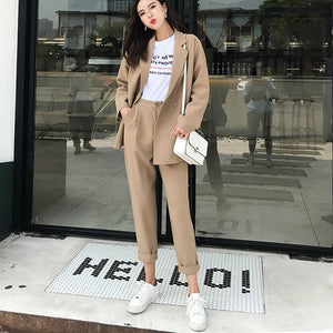 Women Pant Suits Notched Collar Blazer Jacket & Pencil Pant Khaki Female Suit Autumn