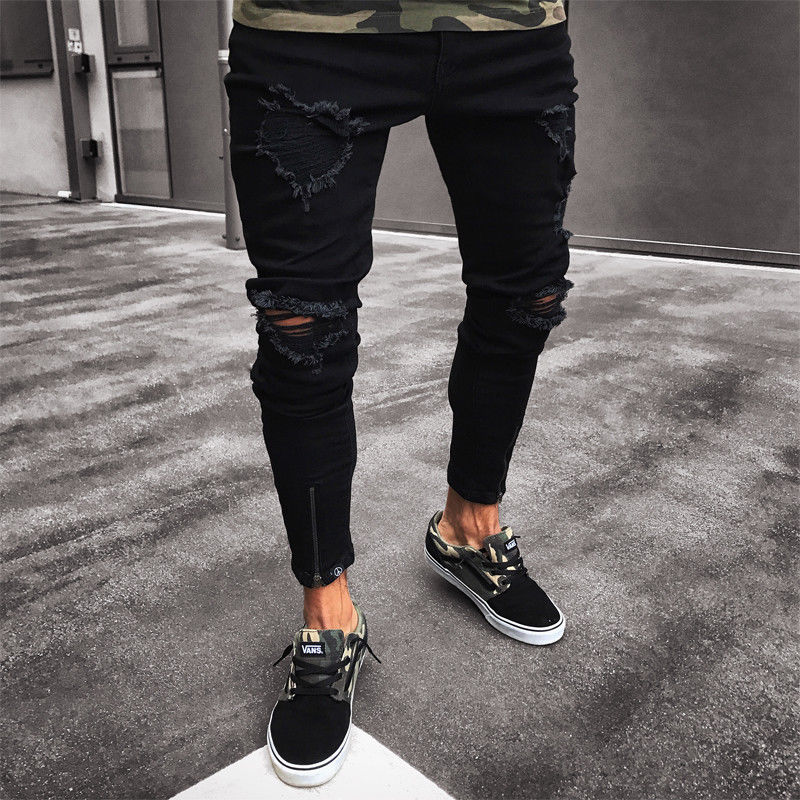 Mens Cool Designer Brand Black Jeans Skinny Ripped Destroyed Stretch Slim Fit Hop Hop Pants With Holes For Male