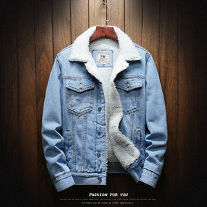 Men Light Blue Winter Jean Jackets Outerwear Warm Denim Coats Large Size Wool Liner Thicker Denim Jackets