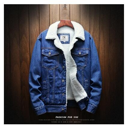 Men Light Blue Winter Jean Jackets Outerwear Warm Denim Coats Large Size Wool Liner Thicker Denim Jackets