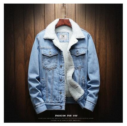 Men Light Blue Winter Jean Jackets Outerwear Warm Denim Coats Large Size Wool Liner Thicker Denim Jackets