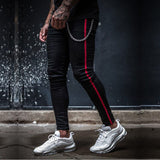 Mens Side Stripe Skinny Fit Black Denim Jeans Hip Hop Streetwear Solid Color Plus Size Slim Fit Lightweight Cotton Jeans for Men