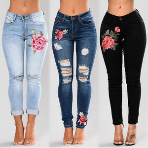 Stretch Embroidered Jeans For Women Elastic Flower Slim Denim Hole Ripped Rose Pattern