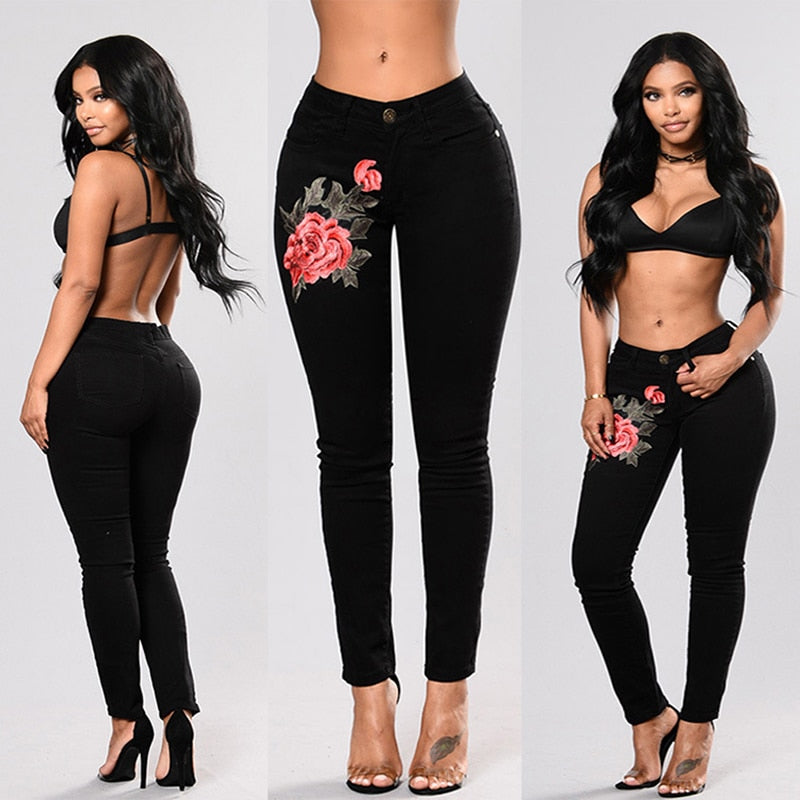 Stretch Embroidered Jeans For Women Elastic Flower Slim Denim Hole Ripped Rose Pattern