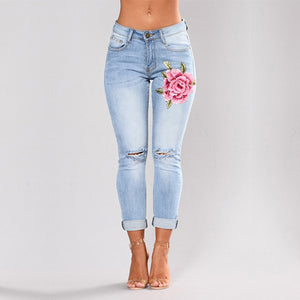 Stretch Embroidered Jeans For Women Elastic Flower Slim Denim Hole Ripped Rose Pattern