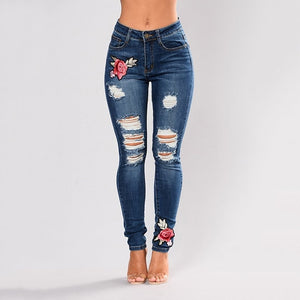 Stretch Embroidered Jeans For Women Elastic Flower Slim Denim Hole Ripped Rose Pattern