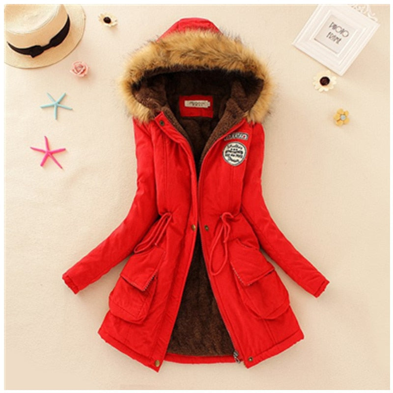 Women's Hooded Fur Collar Waist And Velvet Thick Warm Long Cotton Coat