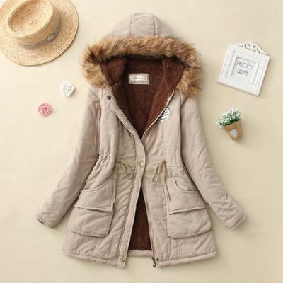 Women's Hooded Fur Collar Waist And Velvet Thick Warm Long Cotton Coat