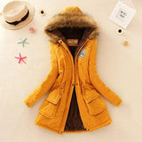 Women's Hooded Fur Collar Waist And Velvet Thick Warm Long Cotton Coat