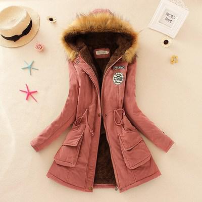 Women's Hooded Fur Collar Waist And Velvet Thick Warm Long Cotton Coat