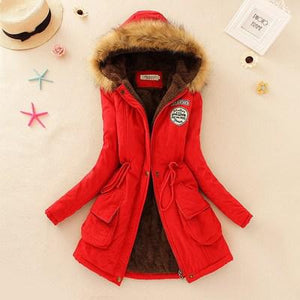 Women's Hooded Fur Collar Waist And Velvet Thick Warm Long Cotton Coat