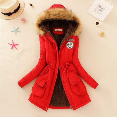 Women's Hooded Fur Collar Waist And Velvet Thick Warm Long Cotton Coat