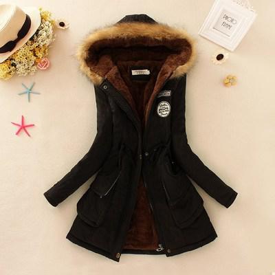 Women's Hooded Fur Collar Waist And Velvet Thick Warm Long Cotton Coat