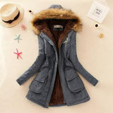 Women's Hooded Fur Collar Waist And Velvet Thick Warm Long Cotton Coat