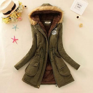 Women's Hooded Fur Collar Waist And Velvet Thick Warm Long Cotton Coat