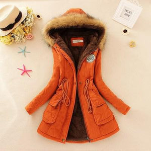 Women's Hooded Fur Collar Waist And Velvet Thick Warm Long Cotton Coat