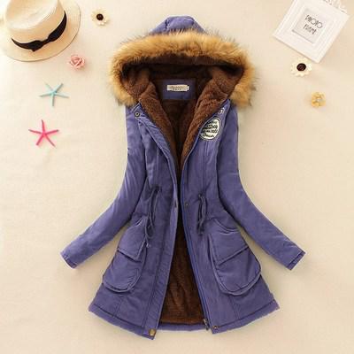 Women's Hooded Fur Collar Waist And Velvet Thick Warm Long Cotton Coat