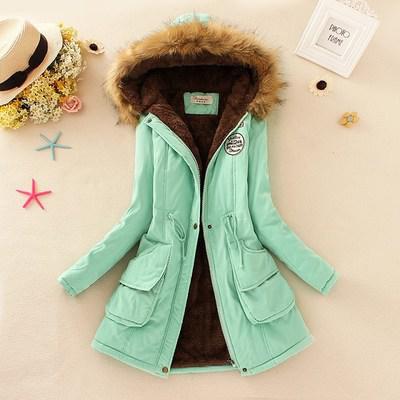 Women's Hooded Fur Collar Waist And Velvet Thick Warm Long Cotton Coat