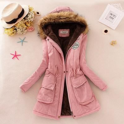 Women's Hooded Fur Collar Waist And Velvet Thick Warm Long Cotton Coat