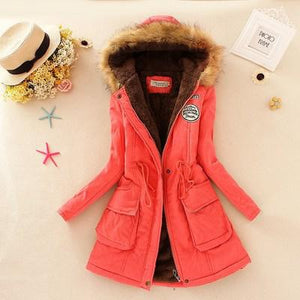 Women's Hooded Fur Collar Waist And Velvet Thick Warm Long Cotton Coat