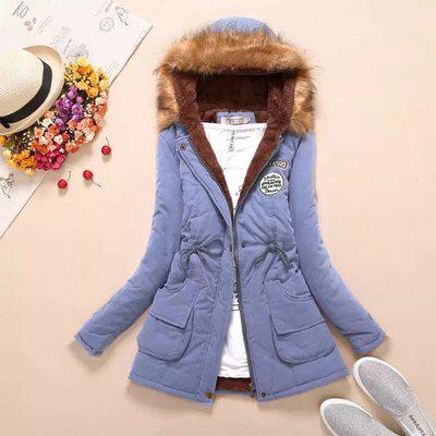 Women's Hooded Fur Collar Waist And Velvet Thick Warm Long Cotton Coat