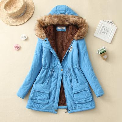 Women's Hooded Fur Collar Waist And Velvet Thick Warm Long Cotton Coat