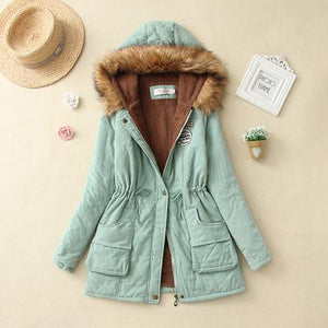 Women's Hooded Fur Collar Waist And Velvet Thick Warm Long Cotton Coat