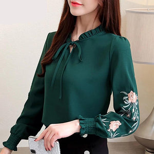 Women Tops Floral Embroidery Chiffon Blouse Shirt Fashion long sleeve For all ladies women