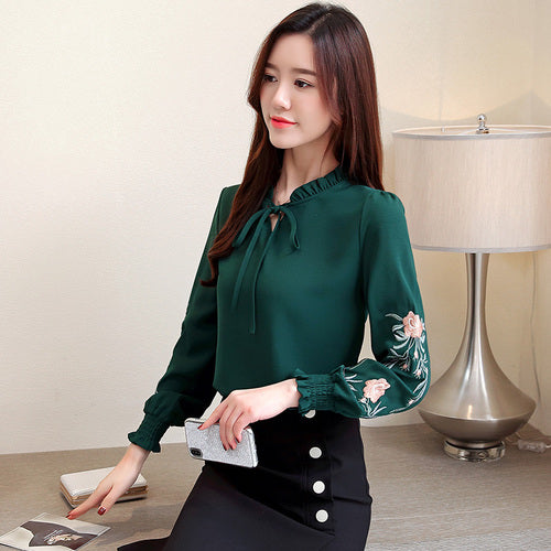 Women Tops Floral Embroidery Chiffon Blouse Shirt Fashion long sleeve For all ladies women