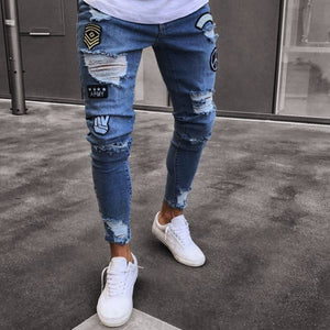 Hole Embroidered Jeans Slim Men Trouser Casual Thin Summer Denim Pants Classic Cowboys Young black blue