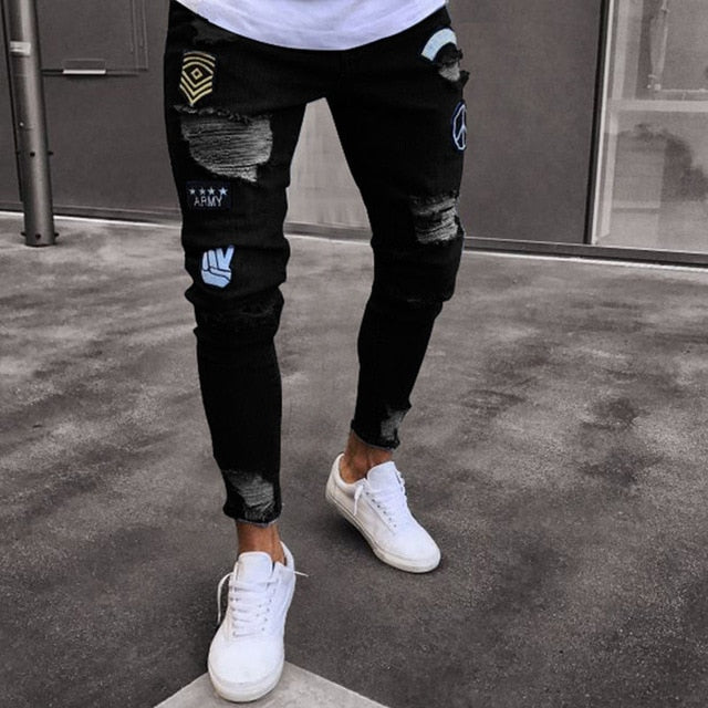 Hole Embroidered Jeans Slim Men Trouser Casual Thin Summer Denim Pants Classic Cowboys Young black blue