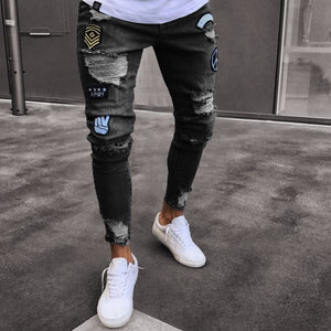 Hole Embroidered Jeans Slim Men Trouser Casual Thin Summer Denim Pants Classic Cowboys Young black blue