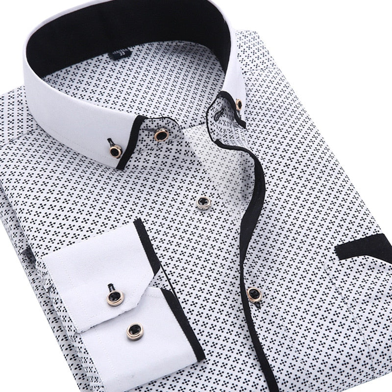 Men Fashion Casual Long Sleeved Printed shirt Slim Fit Male Social Business Dress