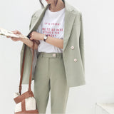 Vintage Double Breasted Women Pant Suit Light Green Notched Blazer Jacket & High Waist Pant Spring Office Wear Women Suits