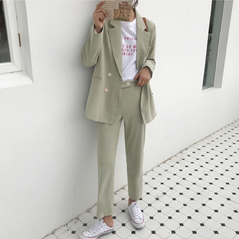 Vintage Double Breasted Women Pant Suit Light Green Notched Blazer Jacket & High Waist Pant Spring Office Wear Women Suits