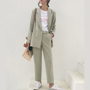 Vintage Double Breasted Women Pant Suit Light Green Notched Blazer Jacket & High Waist Pant Spring Office Wear Women Suits