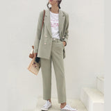 Vintage Double Breasted Women Pant Suit Light Green Notched Blazer Jacket & High Waist Pant Spring Office Wear Women Suits