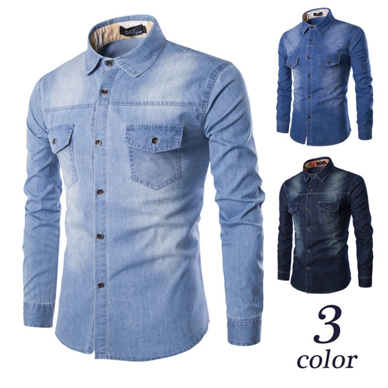 Fashion Mens Denim Shirt Long Sleeve