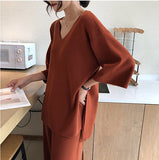 Two Piece Set Women Suit V-neck Long Sleeve Bandage Top Wide Leg Pants