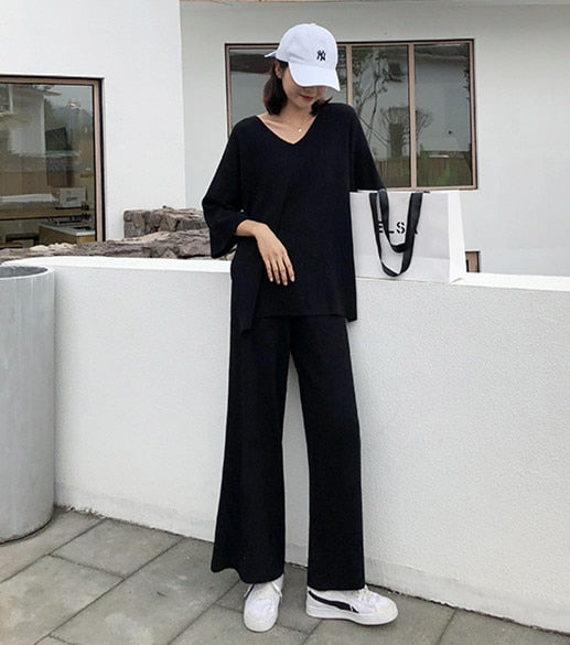 Two Piece Set Women Suit V-neck Long Sleeve Bandage Top Wide Leg Pants